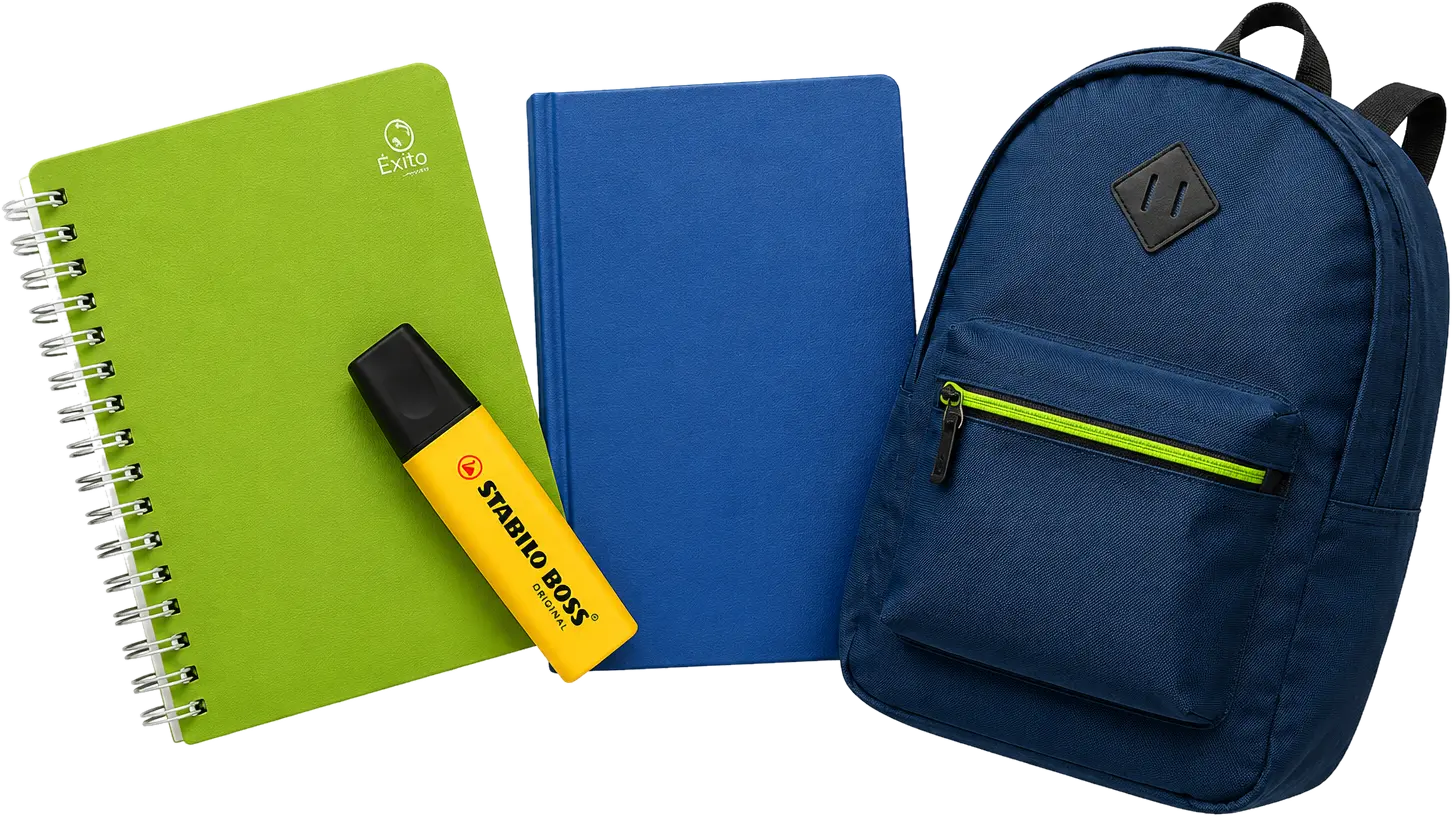 Mochila, cuadernos y resaltador escolar